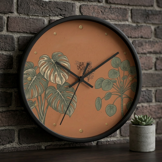 Monstera & Pilea Illustration Wall Clock | Terracotta Botanical Clock