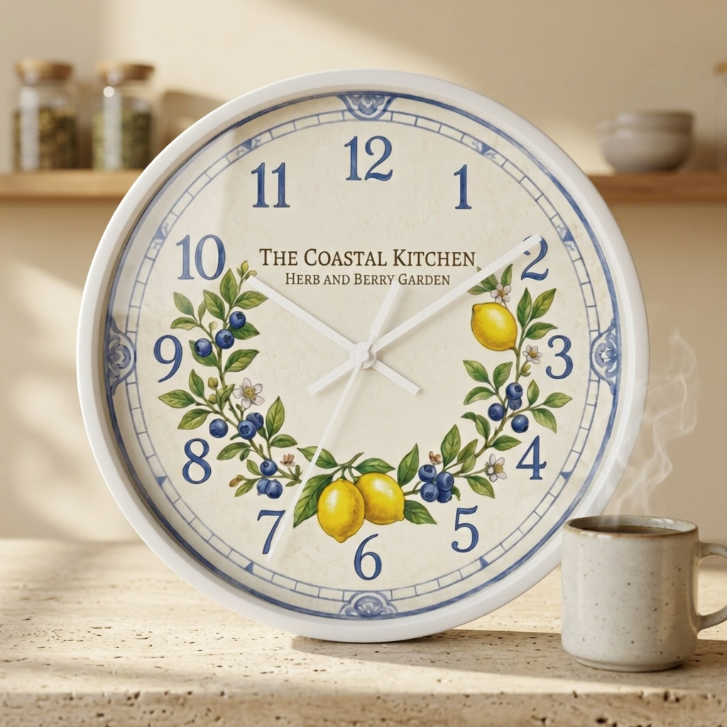 Lemon & Blueberry Wreath Wall Clock | Coastal Kitchen Herb Garden