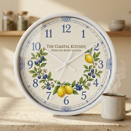 Lemon & Blueberry Wreath Wall Clock | Coastal Kitchen Herb Garden
