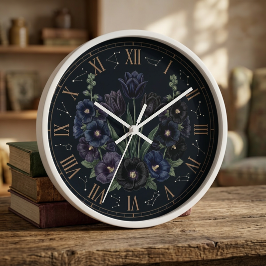 Midnight Violet Florals Wall Clock | Roman Numerals, Constellation Accents