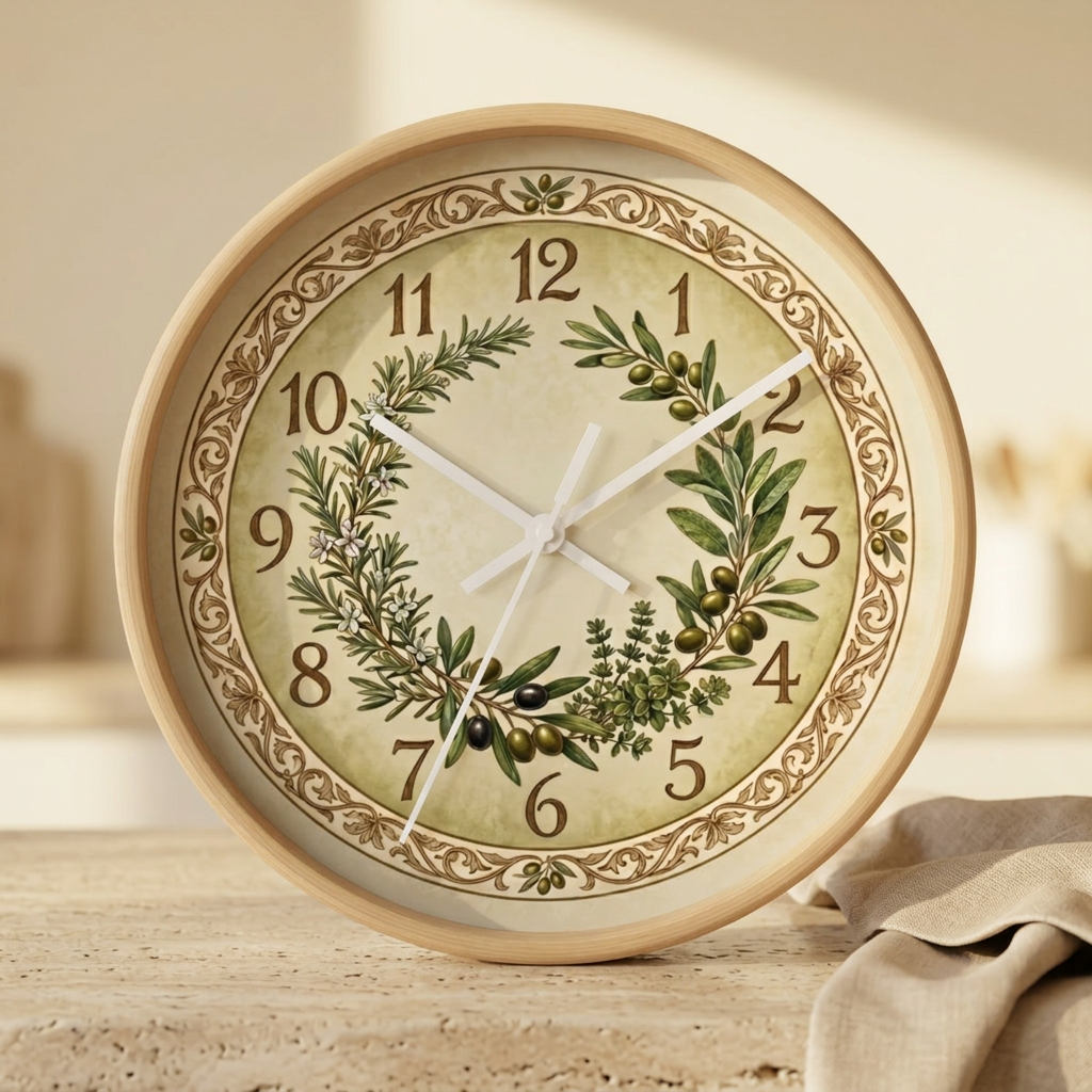 Herb Wreath Wall Clock | Olive & Rosemary Kitchen Clock, Rustic Botanical Decor