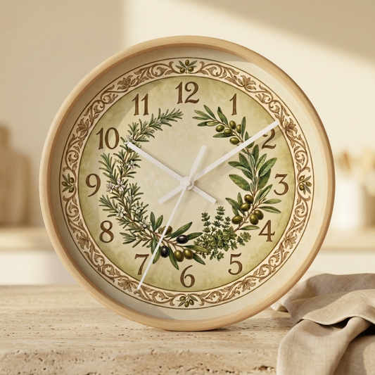 Herb Wreath Wall Clock | Olive & Rosemary Kitchen Clock, Rustic Botanical Decor