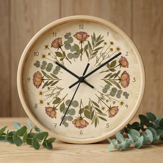 Vintage Dried Roses Wall Clock | Floral Botanical Eucalyptus Design