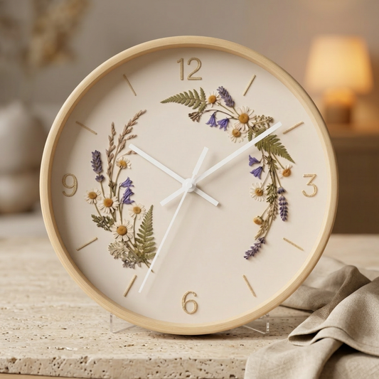 Wildflower Wreath Minimalist Wall Clock | Botanical Floral Timepiece
