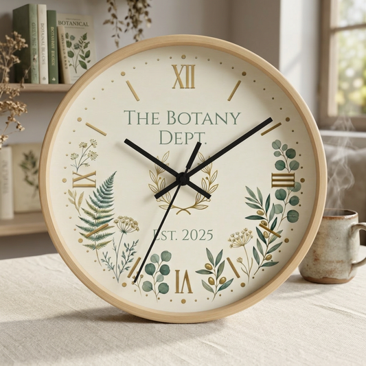 Custom Botanical Wall Clock - Personalized Roman Numeral Herbarium Art, Cottagecore Decor