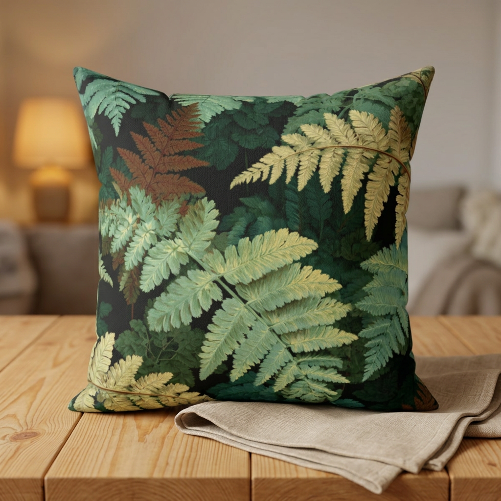 Botanical Fern Leaves Pillow | Woodland Green Foliage Square Throw Pillow