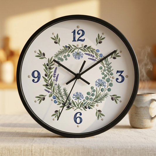 Botanical Wreath Wall Clock | Floral Laurel Timepiece, Blue Numbers