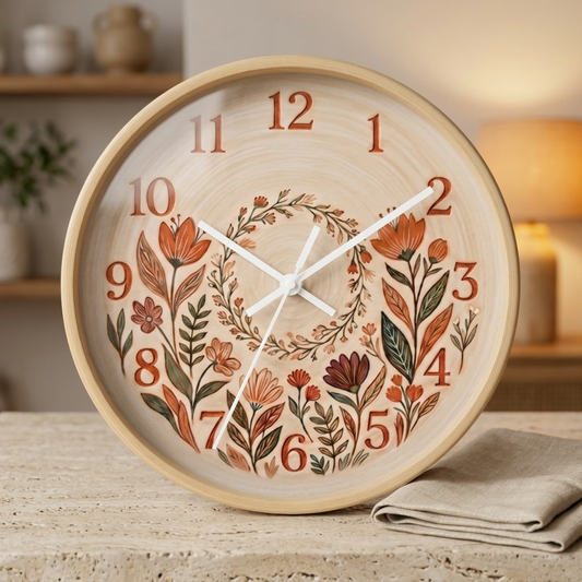 Terracotta Wall Clock | Vintage Botanical Flower Print Clock | Cottagecore Home Decor | Wildflower Gift for Her