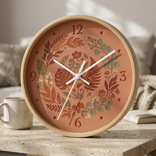 Terracotta Wall Clock | Botanical Print Cottagecore Clock | Nature Lover Gift | Earthy Room Decor