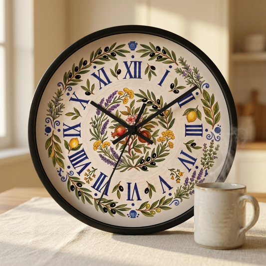 Mediterranean Wall Clock, Vintage Botanical Style Clock, Olive Branch Kitchen Decor, Coastal Cottagecore Gift, Silent Wooden Clock