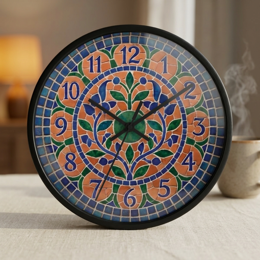 Mosaic Style Wall Clock - Terracotta Azure Blue Floral Print, Mediterranean Botany Decor