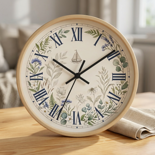 Nautical Floral Roman Numeral Wall Clock | Coastal and Greenery
