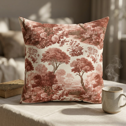 Vintage Toile de Jouy Throw Pillow | Cottagecore Botanical Cushion | Red Landscape Accent Pillow for Living Room | Country House Warming Gift