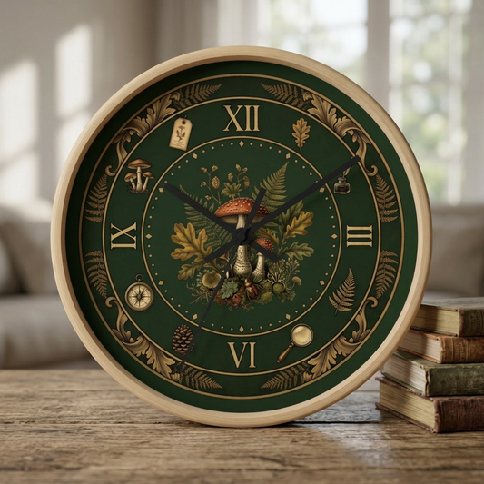 Botanical Wall Clock | Dark Academia Mushroom Vintage Fern | Gift for Nature Lover | Moody Room Decor Study Wall Art