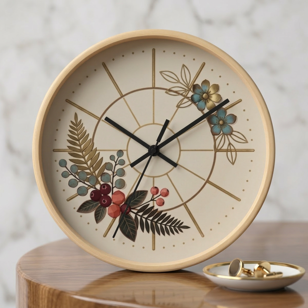 Botanical Floral Clock Wall Clock | Neutral Beige Flower Fern Design