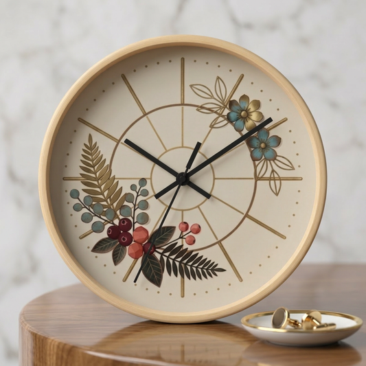 Botanical Floral Clock Wall Clock | Neutral Beige Flower Fern Design