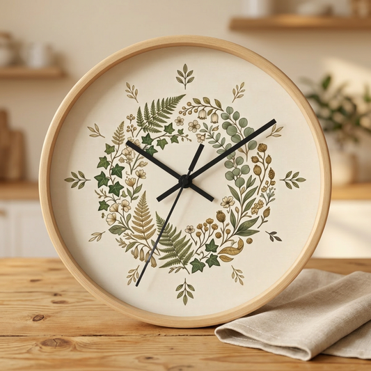 Botanical Wreath Wall Clock | Neutral Fern Floral Clock