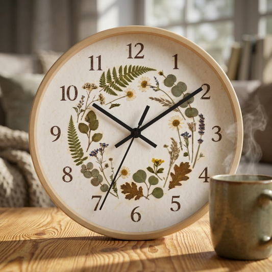 Botanical Illustration Wall Clock Vintage Flower Drawing Wreath - Cottagecore Room Decor Aesthetic - Faux Pressed Flowers Print Clocks