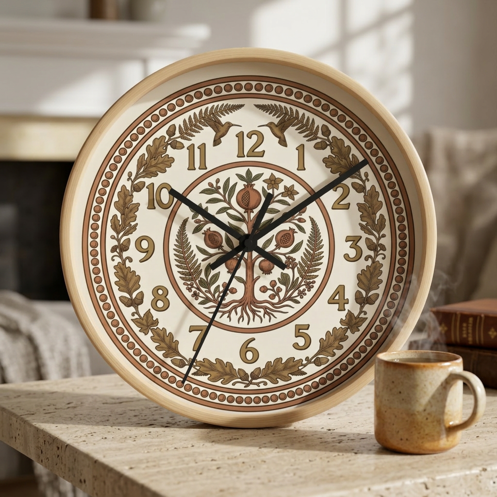 Pomegranate Medallion Wall Clock | Vintage Botanical Folk Art Ornamental