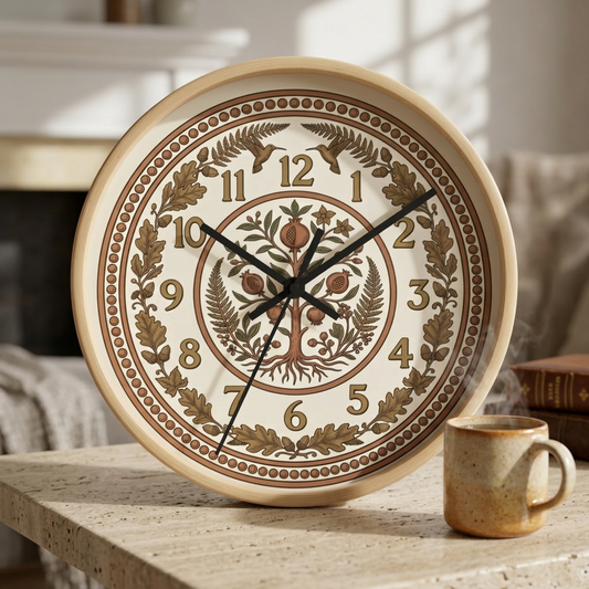 Pomegranate Medallion Wall Clock | Vintage Botanical Folk Art Ornamental
