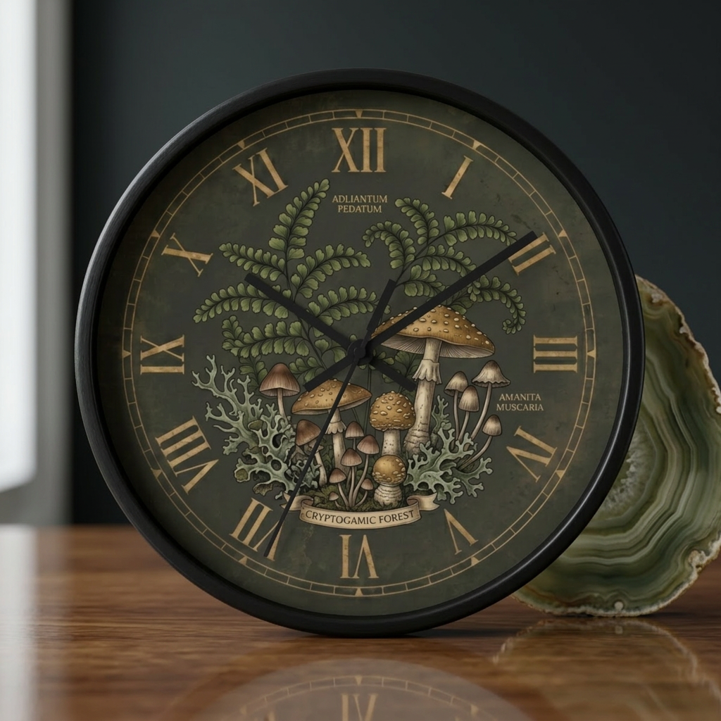 Mushroom Botanical Wall Clock | Vintage Fern Illustration