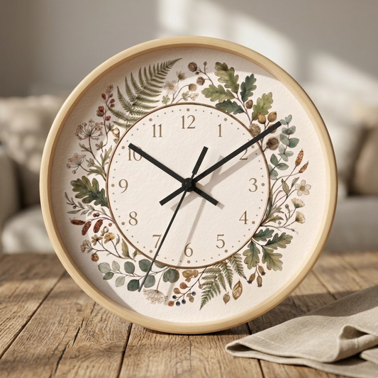 Botanical Wreath Wall Clock | Floral Foliage Illustration Clock, Neutral Nature Home Decor