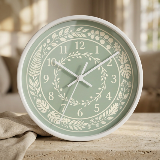 Celadon Green Wall Clock | Botanical Fern and Leaf Clock | Vintage Cottagecore Home Decor | Nature Lover Gift | Aesthetic Kitchen Clock