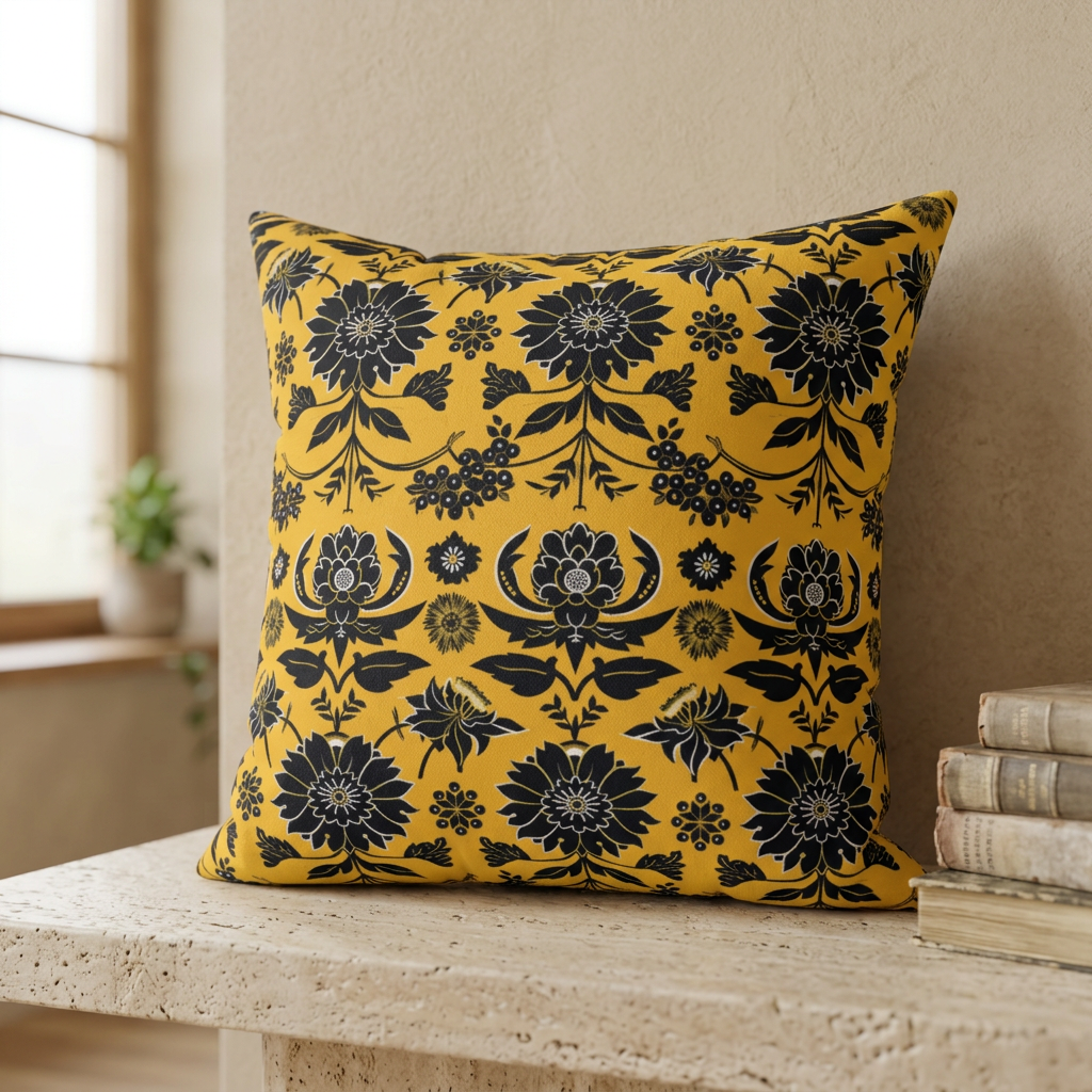 Yellow Floral Damask Pillow | Square Polyester Throw Pillow