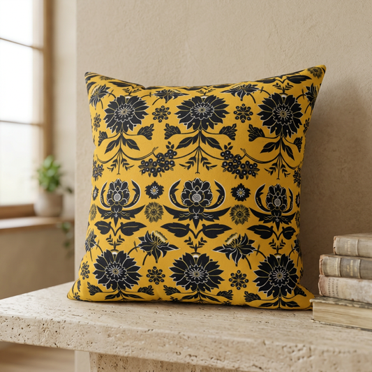 Yellow Floral Damask Pillow | Square Polyester Throw Pillow