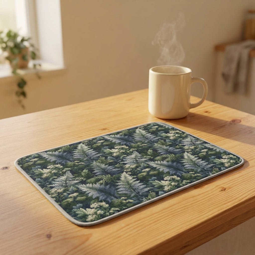 Fern and Eucalyptus Pattern Microfiber Dish Mat | Botanical Kitchen Mat