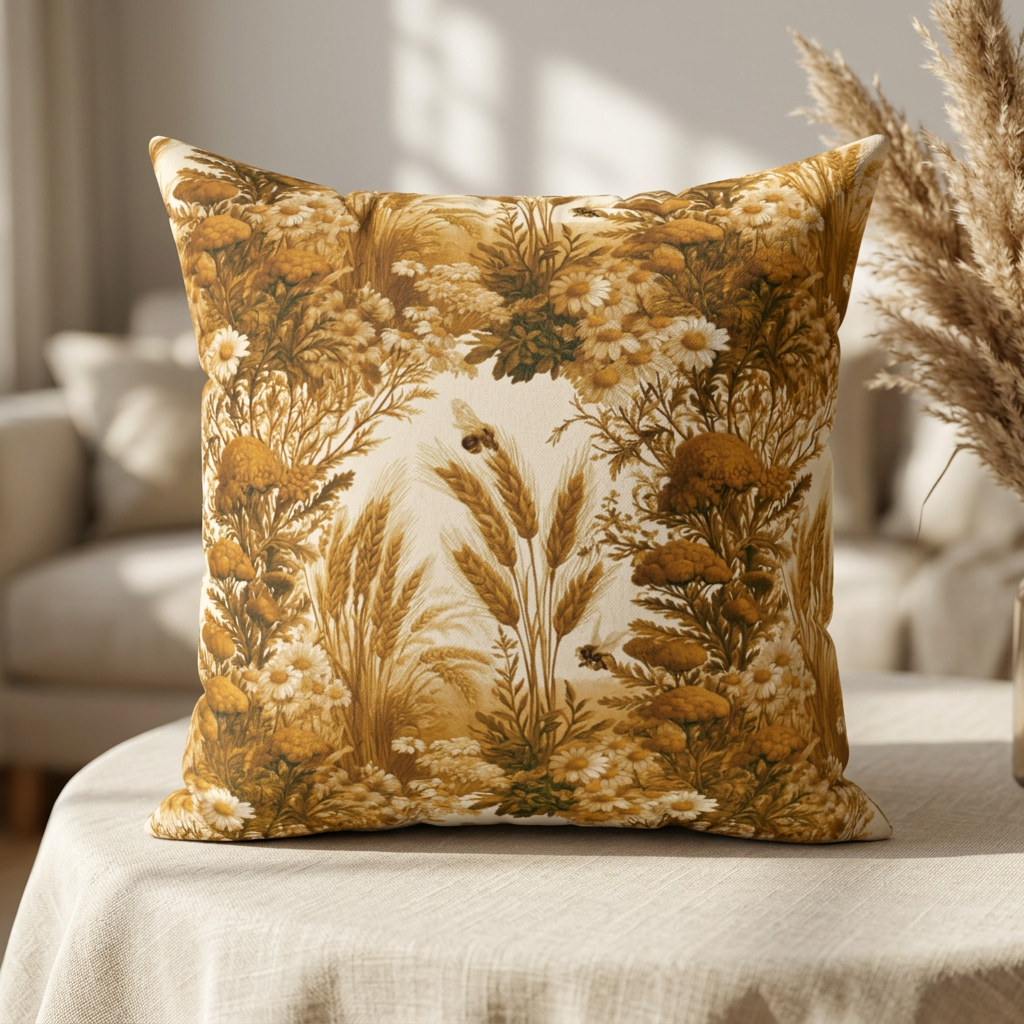 Vintage Yellow Floral Meadow Pillow | Golden Botanical Square Pillow