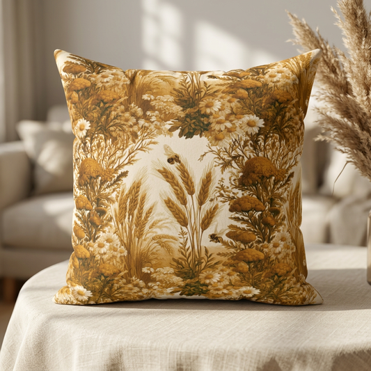 Vintage Yellow Floral Meadow Pillow | Golden Botanical Square Pillow