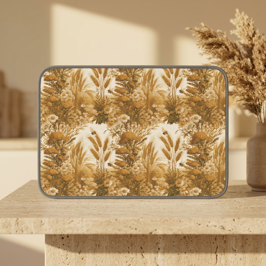 Vintage Wheat and Wildflowers Microfiber Kitchen Dish Mat | Rustic Botanical Print