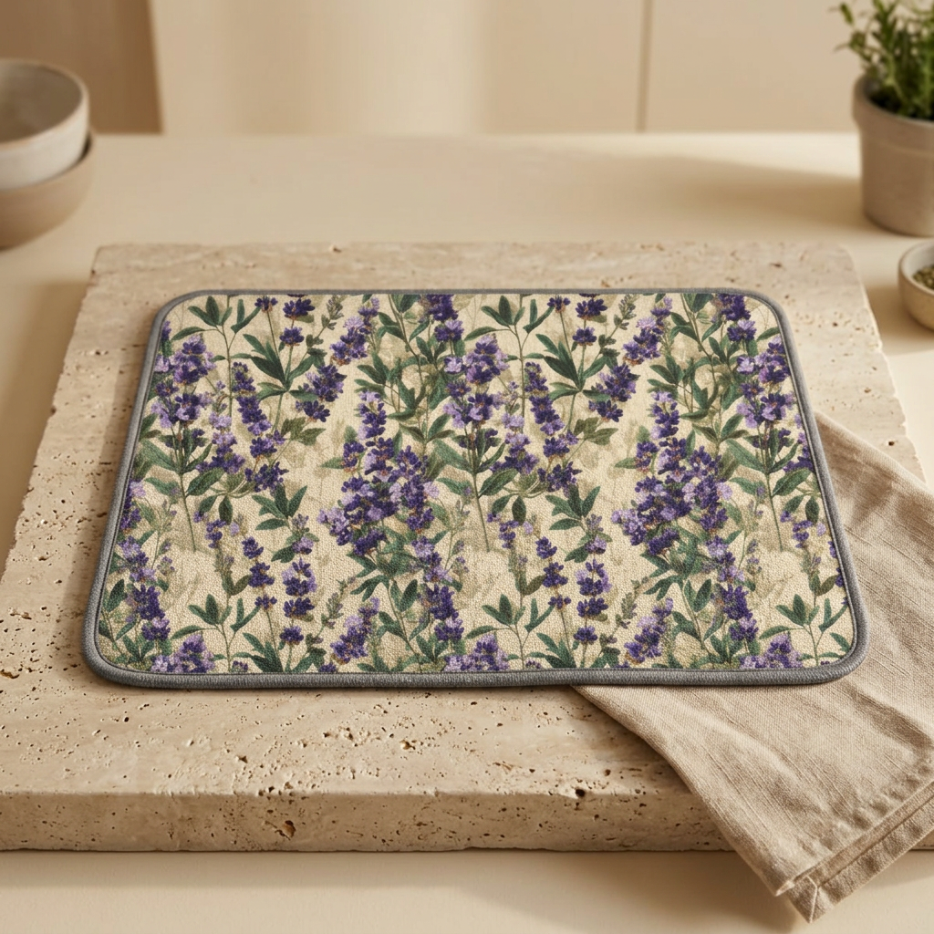 Lavender Floral Pattern Microfiber Kitchen Dish Mat | Purple Botanical Sink Mat