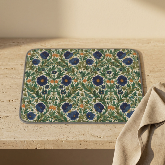 Vintage Floral Pattern Microfiber Kitchen Dish Mat | Blue Indigo Botanical Print | Vintage Botanical Floral Kitchen Decor