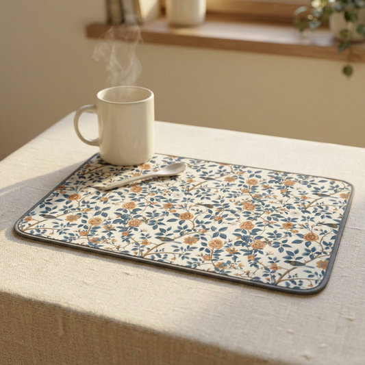 Blue and Rust Floral Vine Microfiber Kitchen Dish Mat | Floral Dish Drying Mat