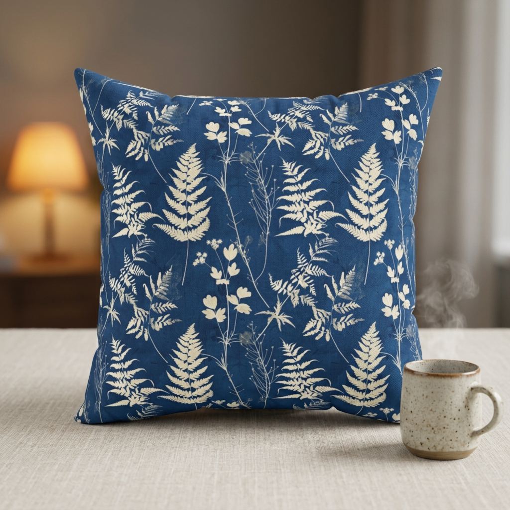 Indigo Fern Botanical Print Pillow | Blue Nature Throw Pillow