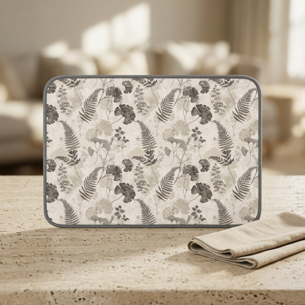 Neutral Botanical Fern Ginkgo Pattern Microfiber Dish Mat | Kitchen Counter Absorbent