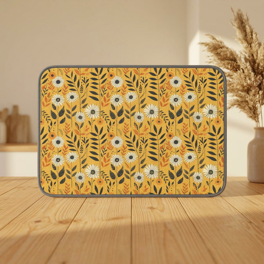 Yellow Daisy Pattern Dish Mat | Floral Kitchen Microfiber Absorbent Mat