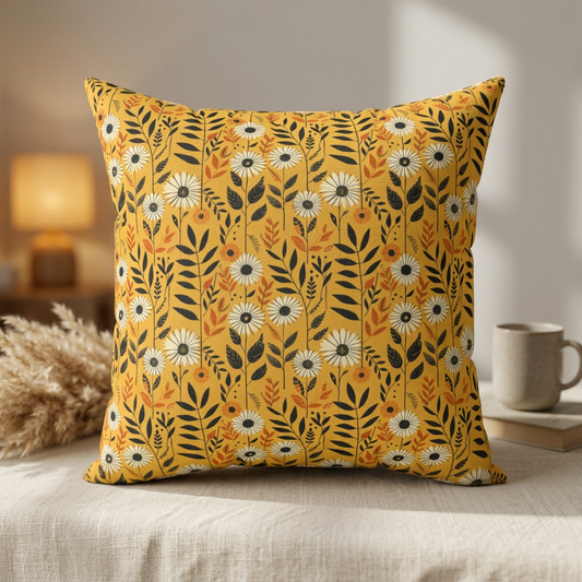 Yellow Floral Pattern Pillow | Daisies and Leaves Square Pillow