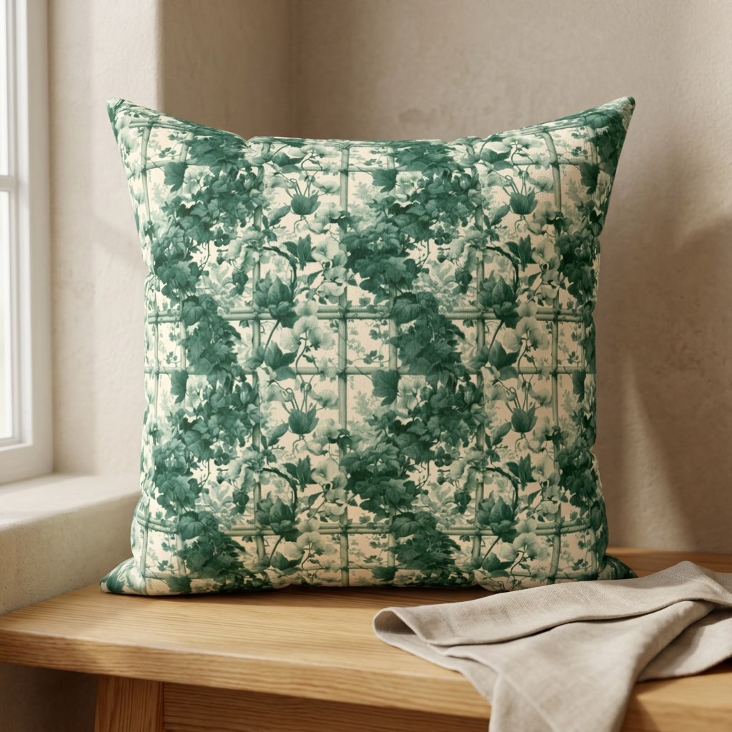 Green Floral Toile Pillow | Botanical Pattern Square Pillow