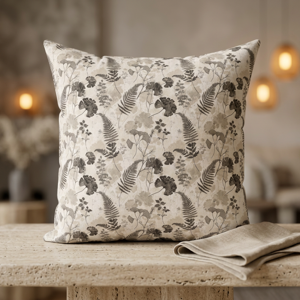 Vintage Botanical Ferns Ginkgo Pillow | Neutral Floral Throw Pillow