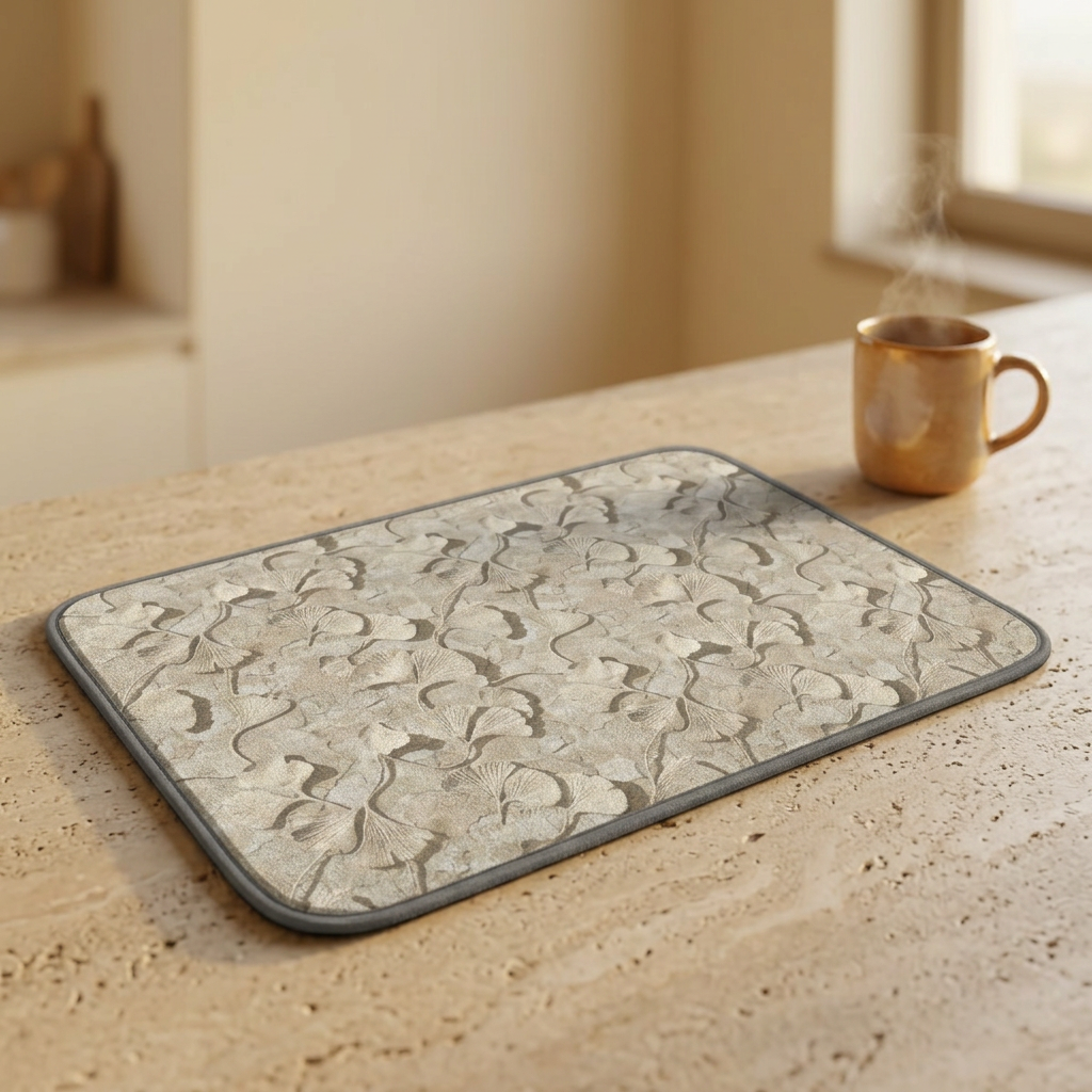 Neutral Ginkgo Leaf Floral Texture kitchen dish mat | Microfiber Absorbent Counter Mat