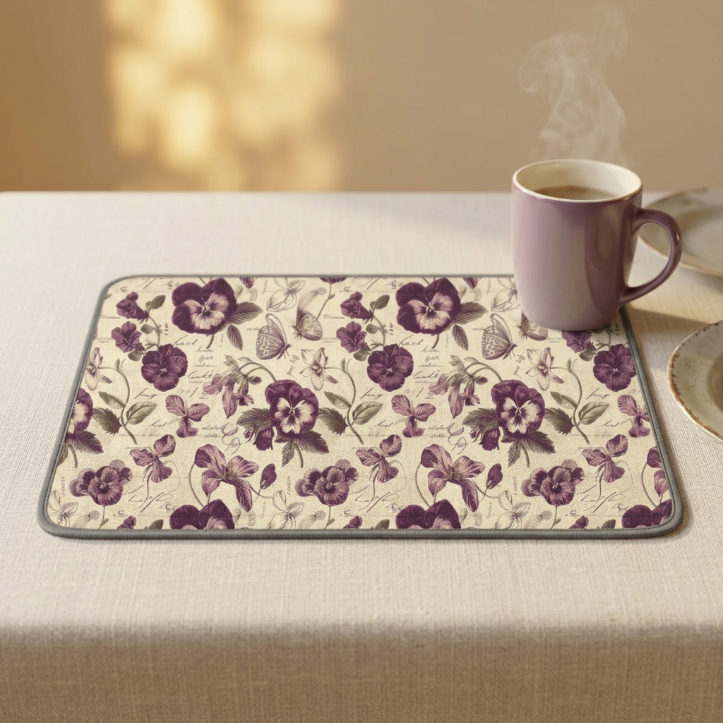 Vintage Purple Pansy Floral Microfiber Kitchen Dish Mat
