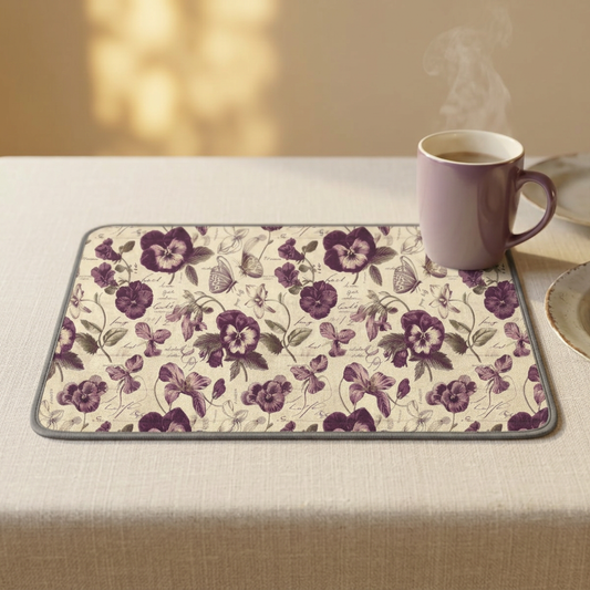 Vintage Purple Pansy Floral Microfiber Kitchen Dish Mat