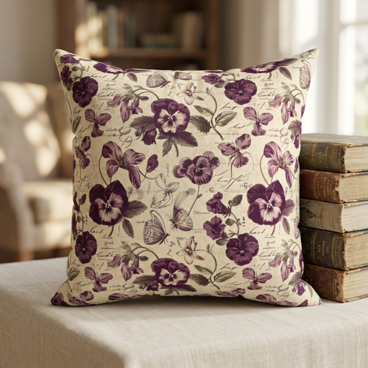 Vintage Pansy Floral Pillow | Purple Botanical Pattern