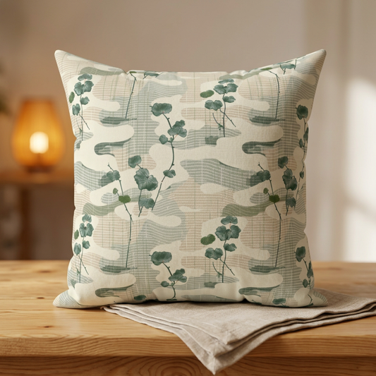 Botanical Japandi Pillow | Square Throw Pillow, Green Botanical Camouflage