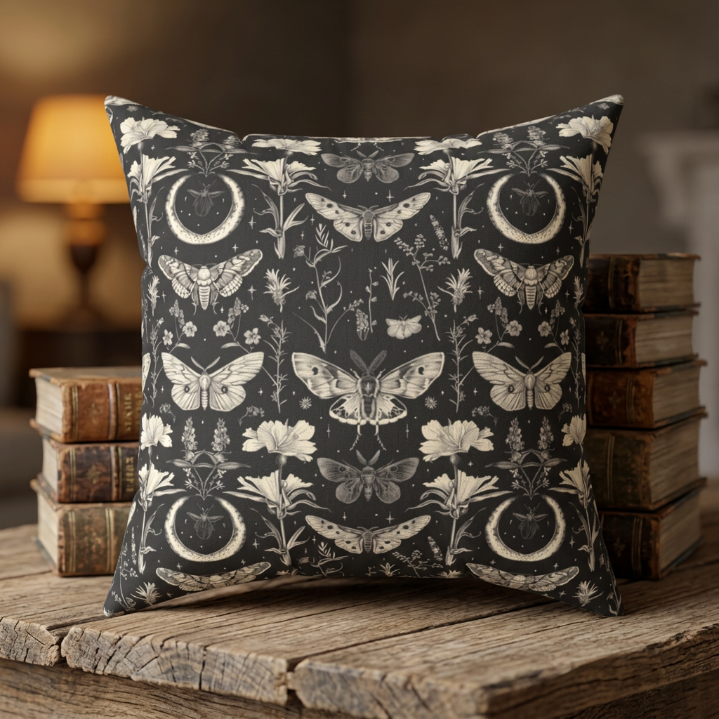 Vintage Moth and Moon Pillow | Botanical Moth Pattern