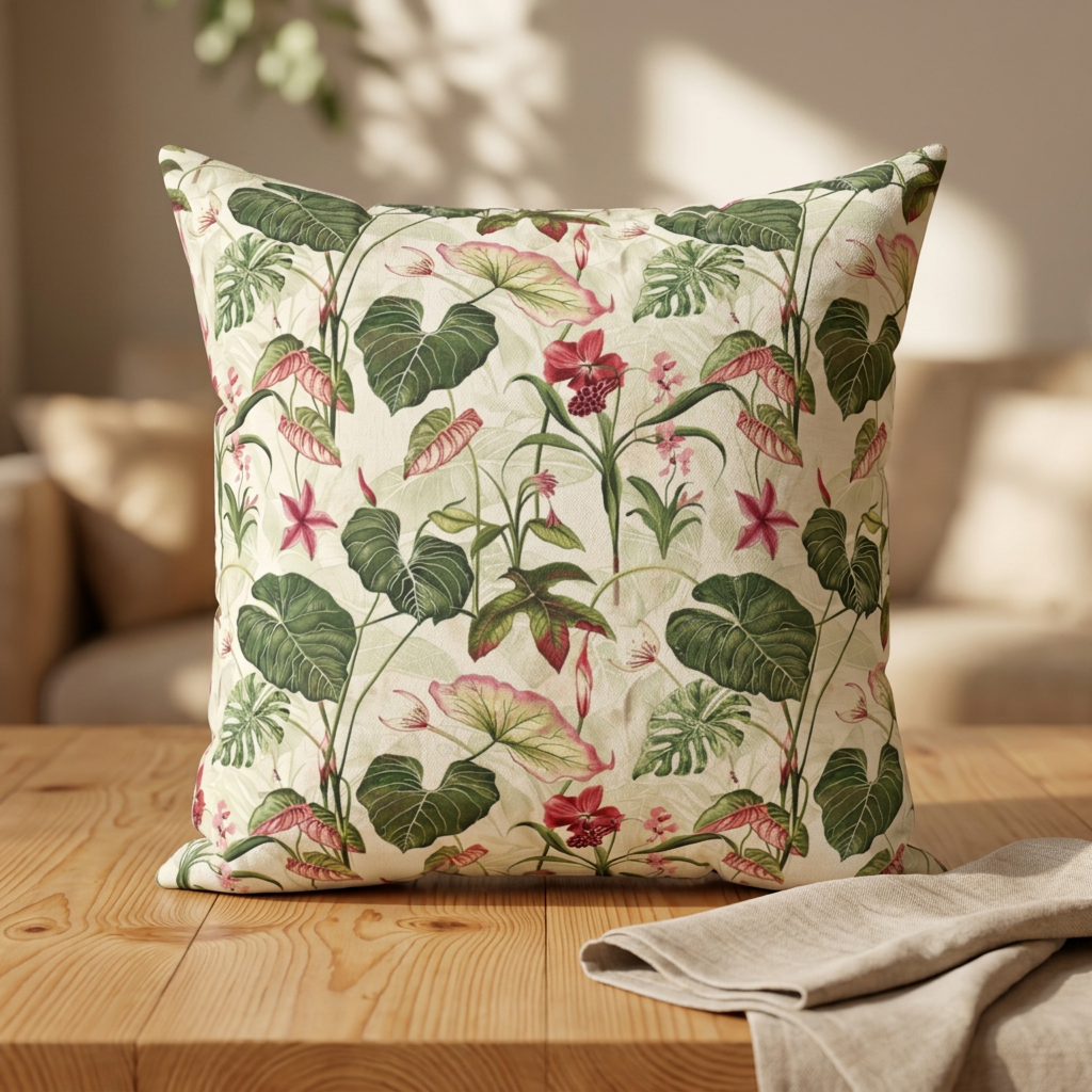 Vintage Botanical Floral Pattern Pillow | Tropical Leaves, Pink Flowers