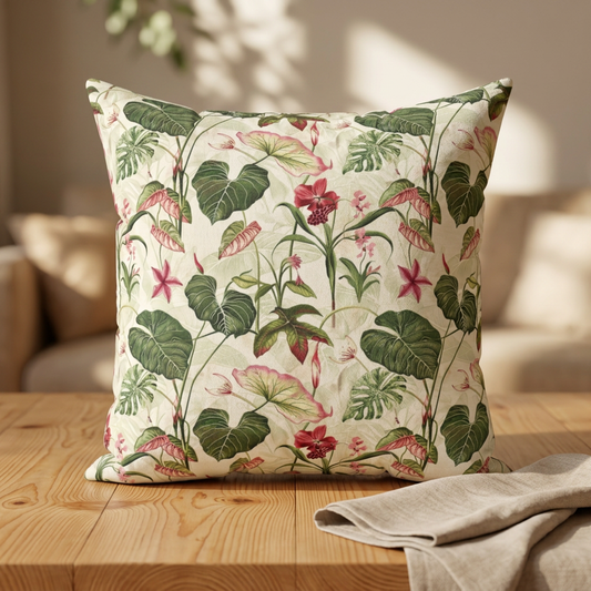 Vintage Botanical Floral Pattern Pillow | Tropical Leaves, Pink Flowers